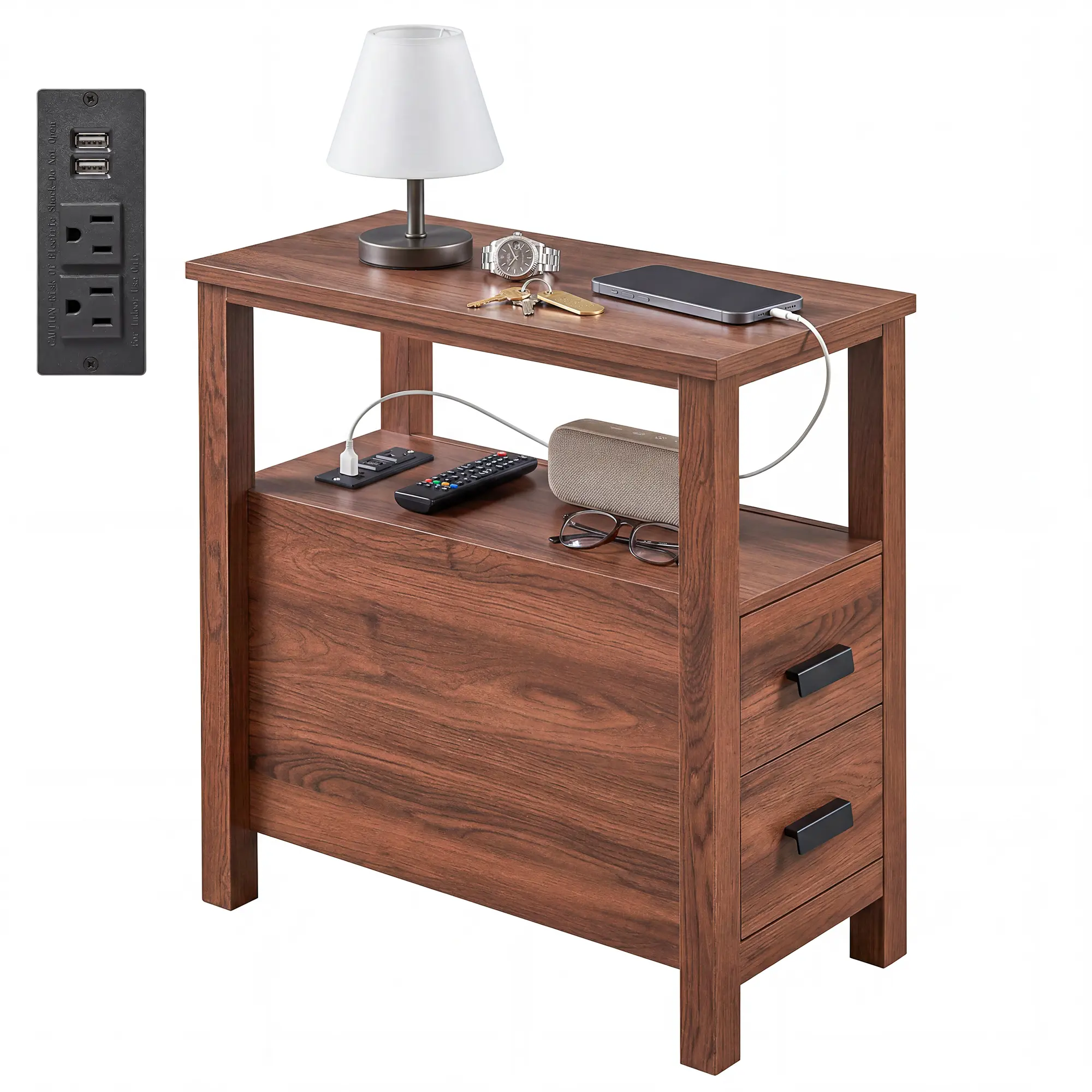 【SummerSale 】Modern End Table with 2 Drawers & Built-in Charging Station, Side Table with USB Ports & Outlets, Small Rustic Wood Stylish  Bedside Table, Nightstand for Bedroom, Living Room, Apartment