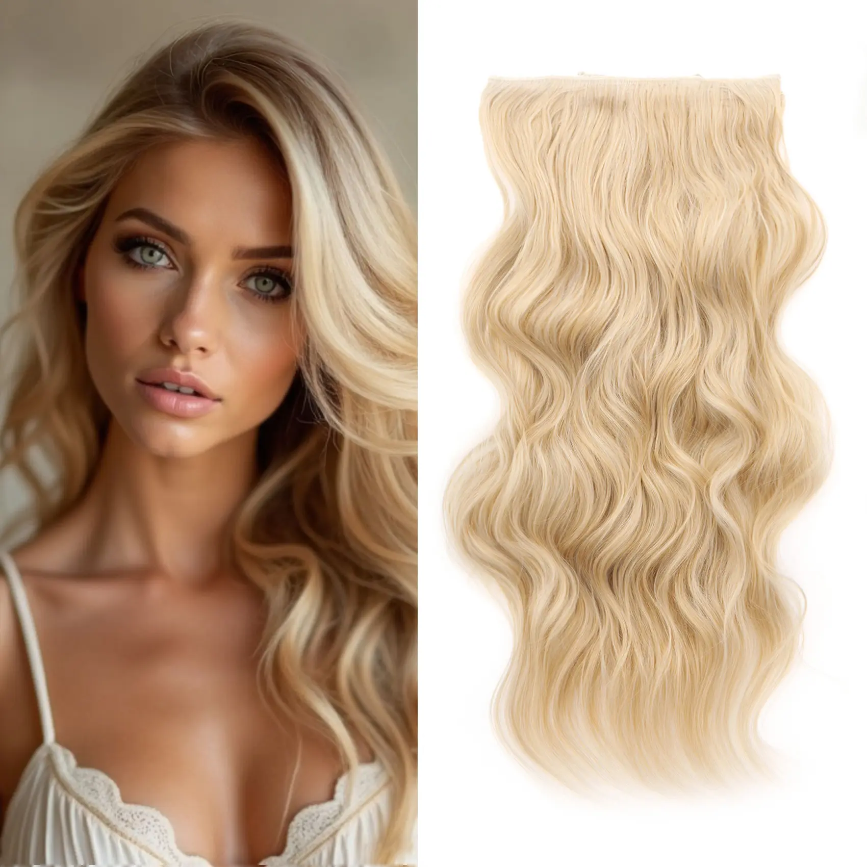 [QBEAUTY]  Blonde/Brown/Red  Clip- in Synthetic Hair Extensions Long Wavy 4PCS Thick Hairpieces  Double Weft Natural Hair Extensions for Women New Upgraded Lace Weft  Same Amount Of Full Hair With Lighter Weight All Day Comfort