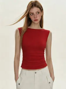 Elegant Casual Summer Tank Top, Solid Color Round Neck, Versatile Pleated Hem, Waist Cinch Slim Fit, Sleeveless Women's T-Shirt, Spring & Fall Fashion