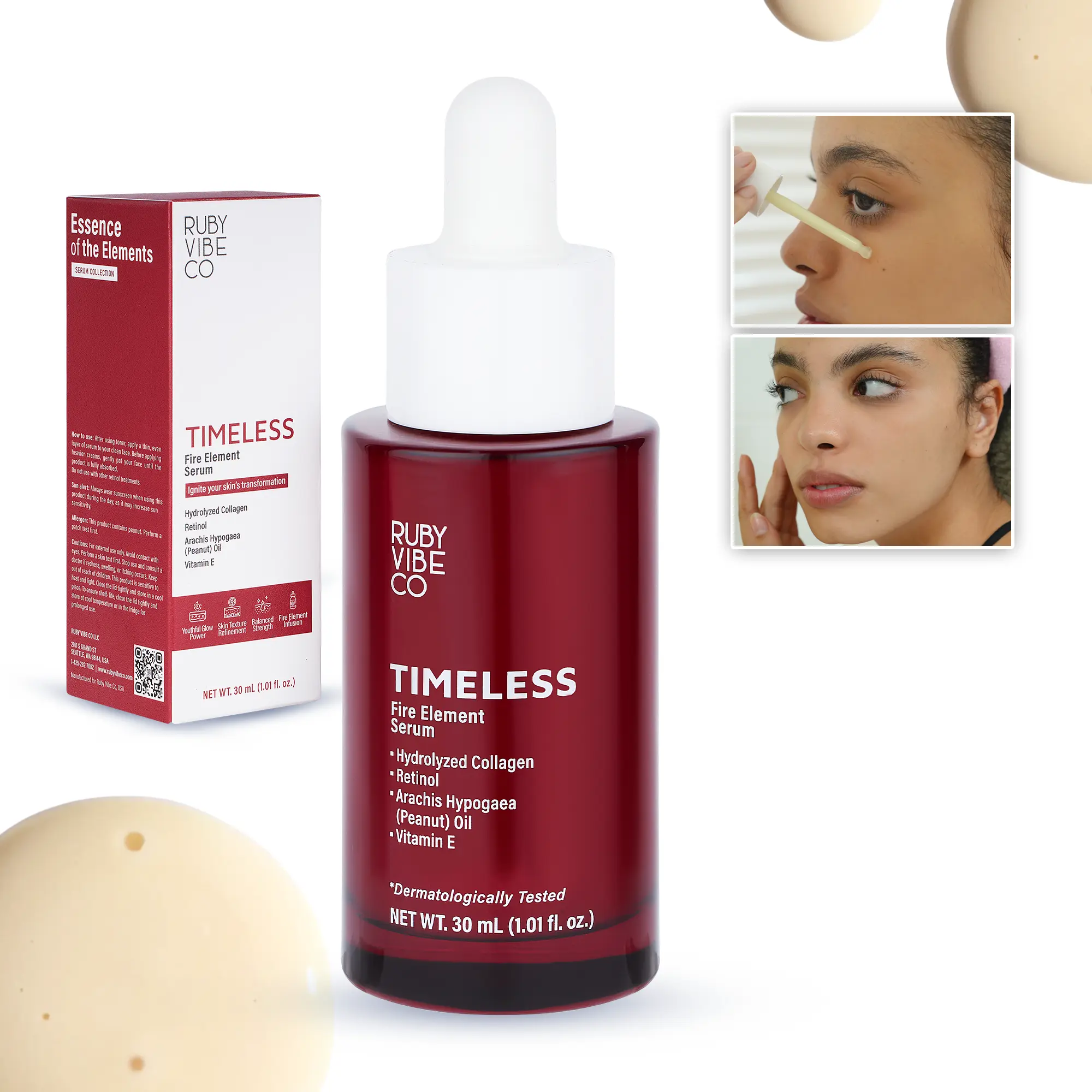 RUBY VIBE CO Timeless Fire Element Retinol Serum for Face with Hydrolyzed Collagen & Vitamin E, Hydrating Face Serum for Smoother-Looking Skin,1.01 fl oz (30ml)