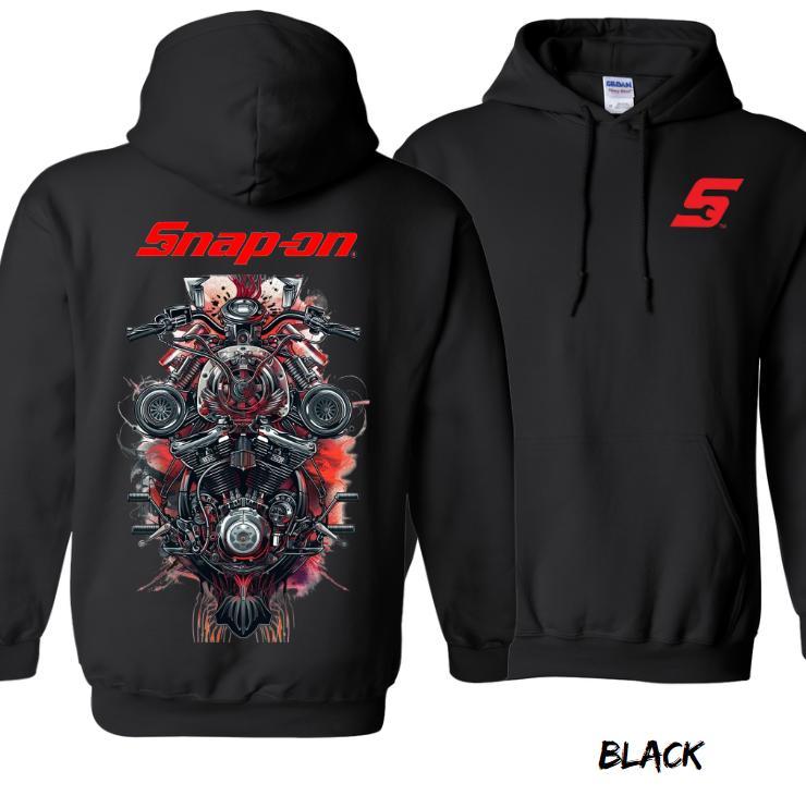 Snap-on Motorcycle Engine Graphic Hoodie - 2- Sided Bold Design, Ultra-Durable - Comfortable Workwear for Men And Women, Ideal for Mechanics - Motor Enthusiasts Menswear Sweatshirts Long Sleeve