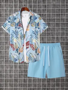 Men's Hawaiian Tropical Beach Shirt & Shorts Set Outfit, Casual Loose Fit Half Sleeve Floral Print, Summer Vacation