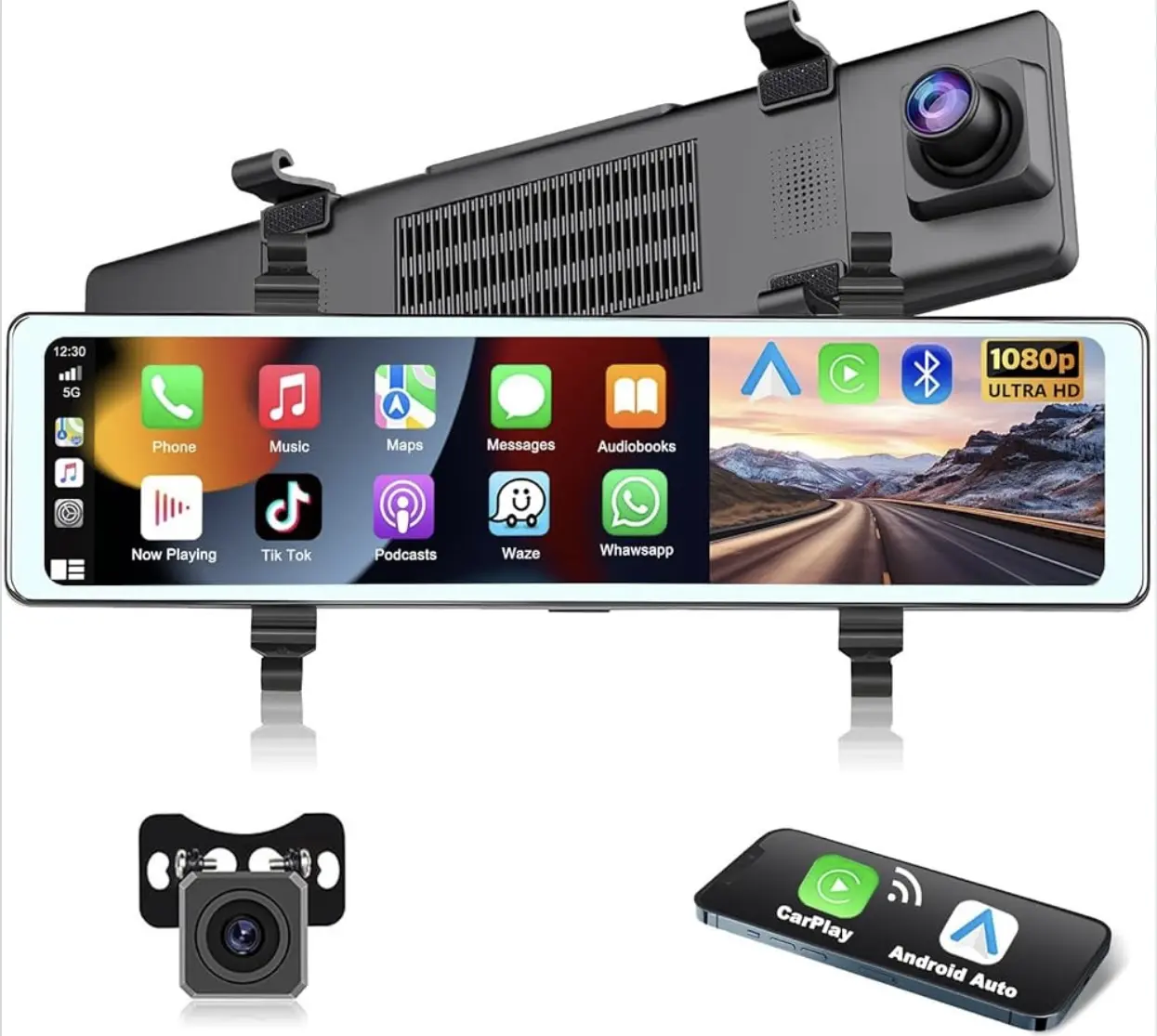 Front and Rear View Camera Wireless Carplay Android Auto Car Driving Recorder 11.26" IPS Touch Screen Mirror Dash Cam with 1080P Backup Camera, 2 Split Screen, Bluetooth, FM Transmitter