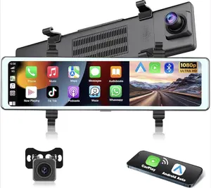 Front and Rear View Camera Wireless Carplay Android Auto Car Driving Recorder 11.26" IPS Touch Screen Mirror Dash Cam with 1080P Backup Camera, 2 Split Screen, Bluetooth, FM Transmitter