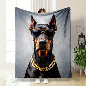 All-Season Comfortable Fleece Blanket with Fashionable Doberman Dog and Fashionable Glasses Pattern Design Suitable for Sofa, Office Nap, and Outdoor Use - Soft, Non-Shedding, Reversible - Ideal Gift for Family and Friends