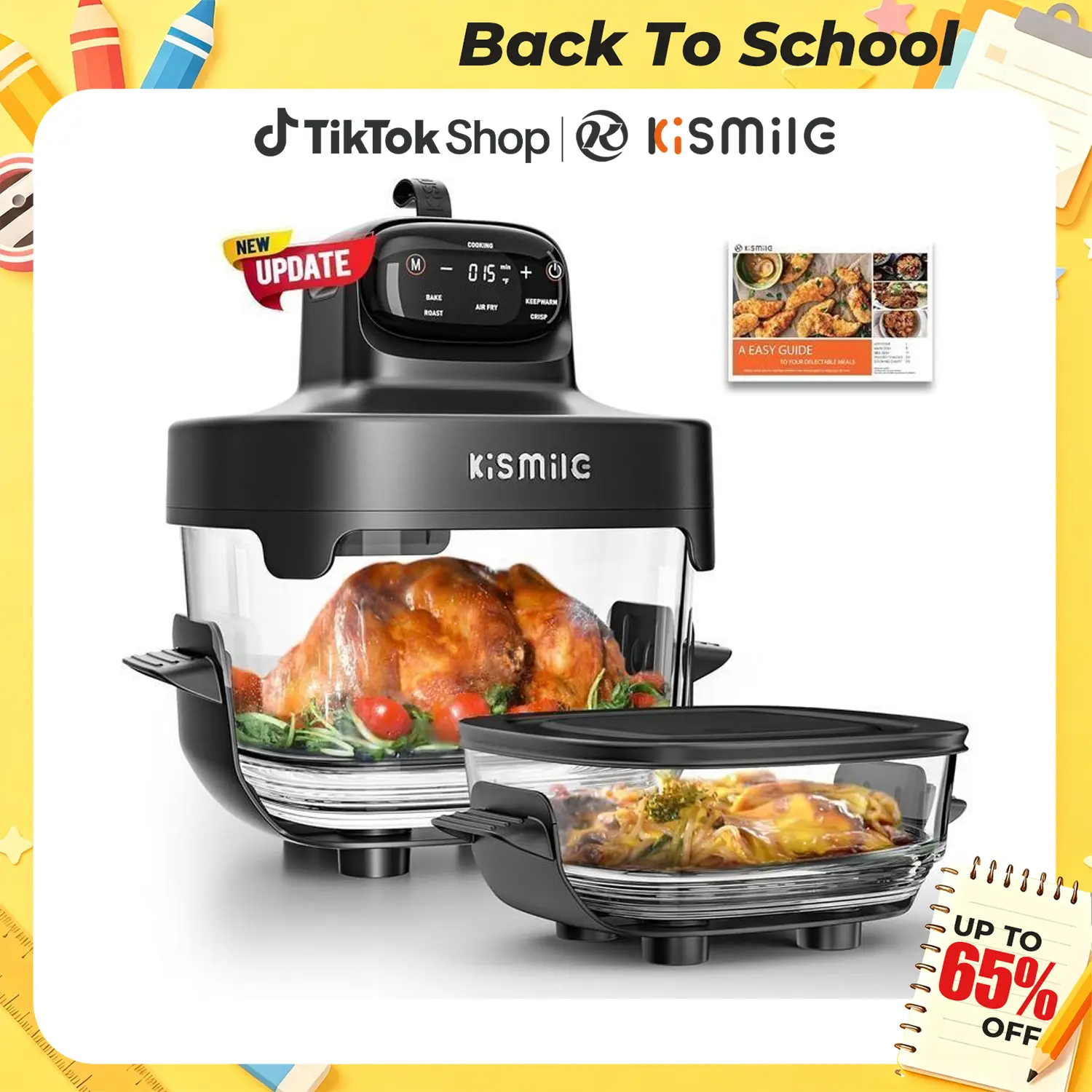 Kismile Multifunctional Cooker - 12-in-1 Glass Air Fryer Toaster Oven, 1500W, 25QT, Adjustable Temp & Time, Freezer & Dishwasher Safe Countertop Kitchen Appliance (95% Less Oil)