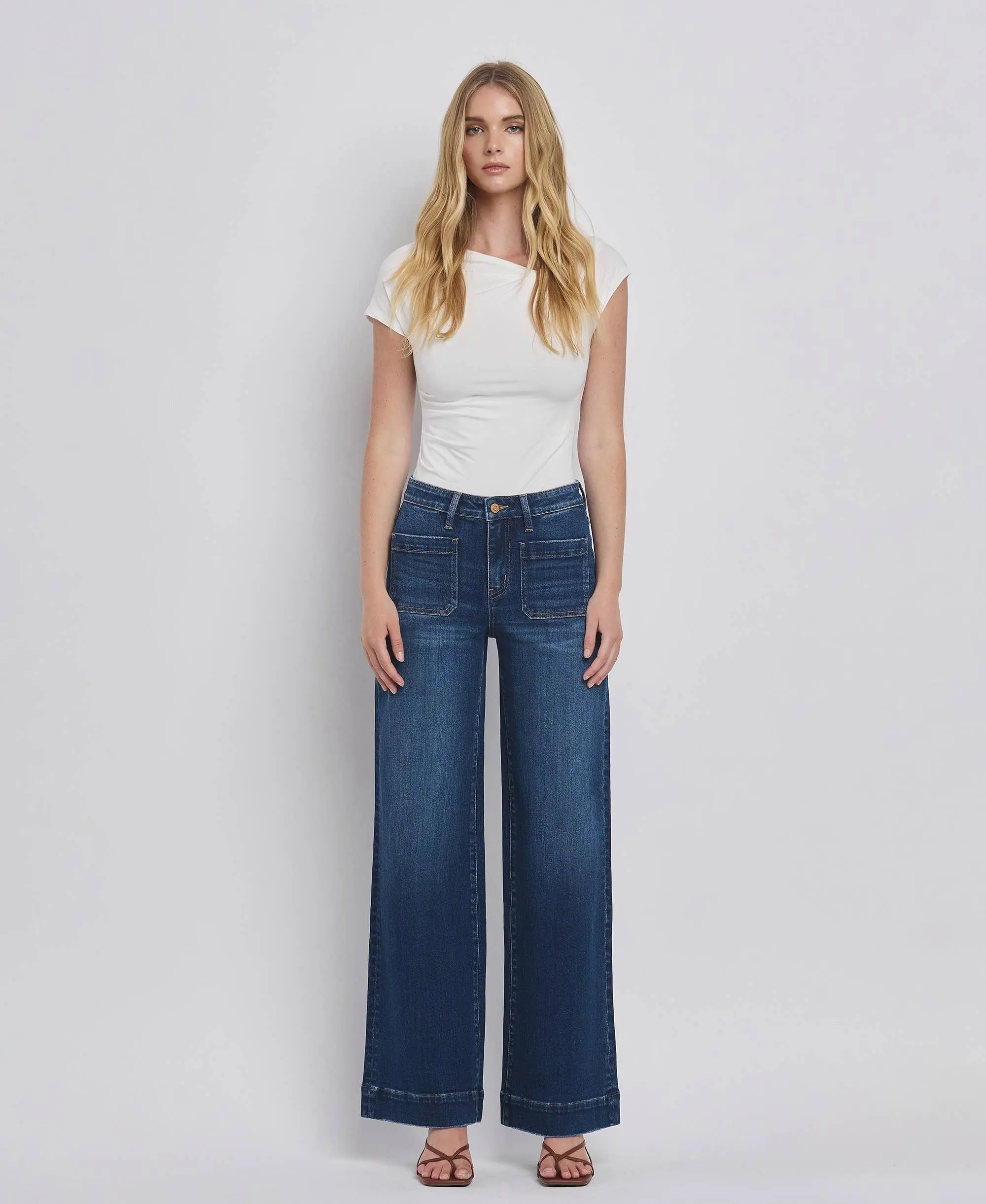 Flying Monkey: High Rise, Front Patch Pocket, Wide Leg Trouser Jean