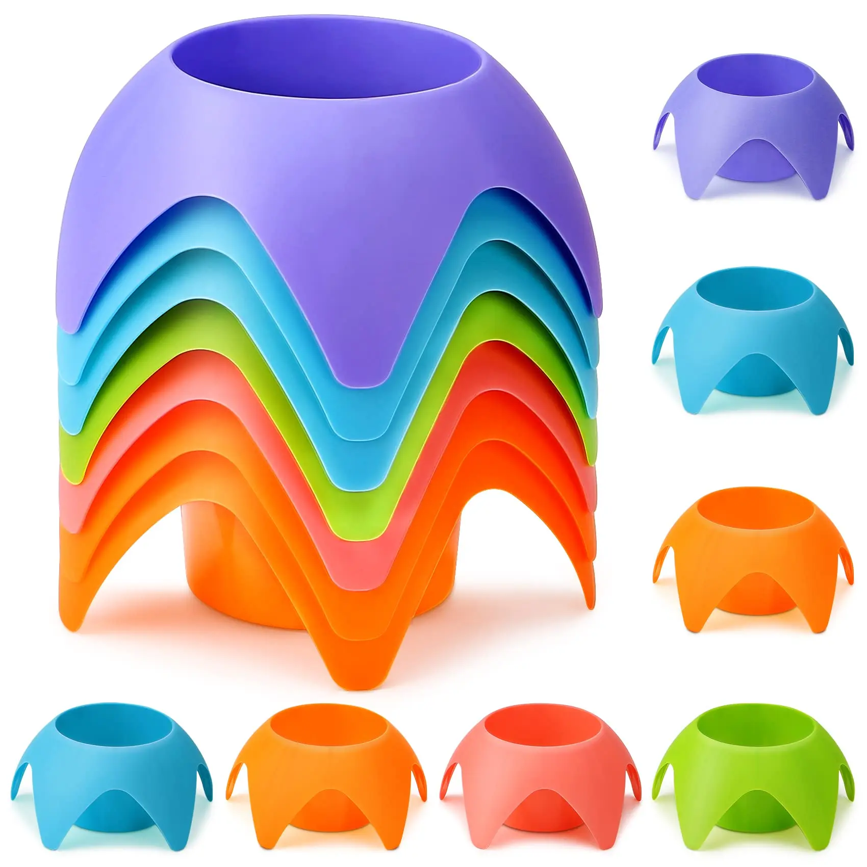 7-Pack Colorful Stackable Round Plastic Beach Drink Cup Holder Sand Coasters with Cute Starfish 5-Wrist Design - Home Organizer Storage Rack, Camping & Beach Vacation Essentials for Families