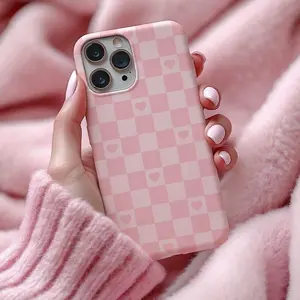Pink Checkered Heart Pattern Phone Case: iPhone, Samsung, Pixel. Optional MagSafe version for iPhone 15–17 | iPhone 17 Pro Max, Samsung S26