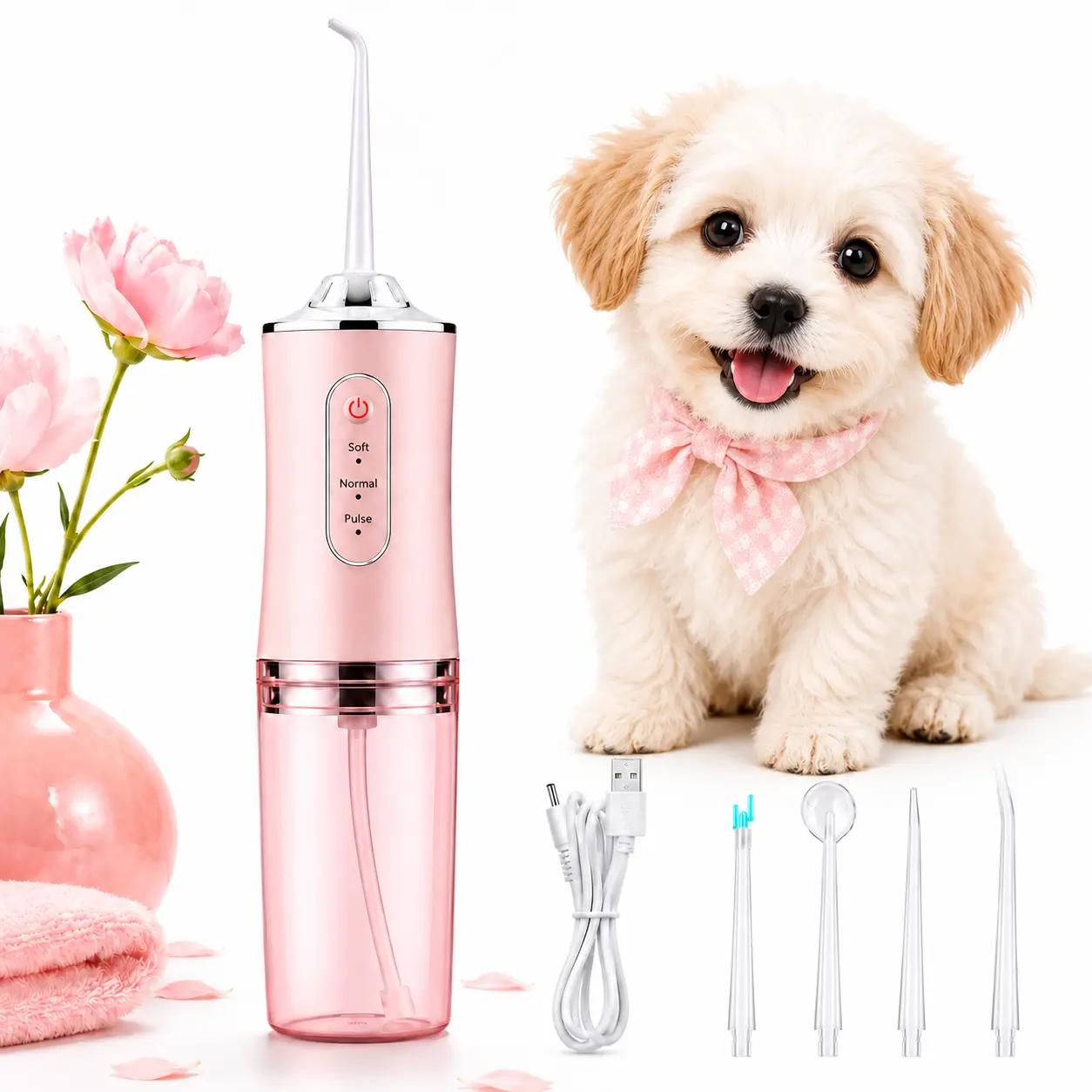 Pet Dental Water Flosser for Dogs, Cordless Teeth Cleaning Tool with 3 Modes, USB Rechargeable Waterproof Dog Oral Care Kit with 4 Tips