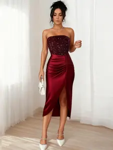 Elegant Sequined Halter Backless Dress, Women's Formal Evening Gown for Parties, European and American Fashion, Satin Slim Bodycon Style