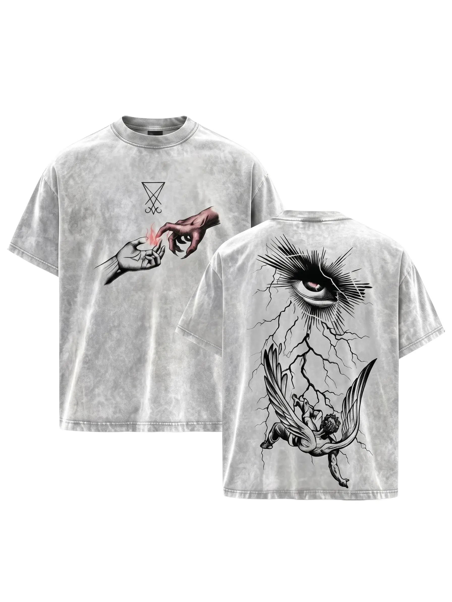 Wash Printed T-Shirt Occult Fallen Angel Mystic Eye Graphic Tee, Vintage Washed 100% Cotton Oversized Crew Neck T Shirt, Front Demon Hand Sigil Art & Back Lightning All Seeing Eye Print Streetwear Top,everyday t shirt,Casual streetwear top Menswear Jeans