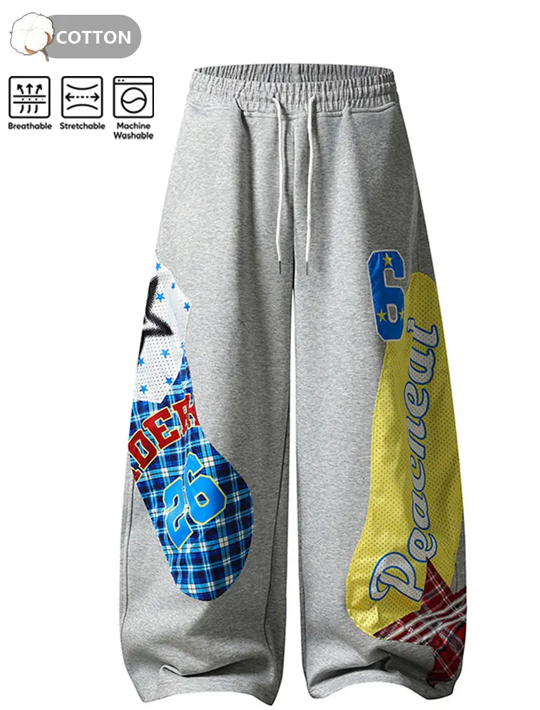 TELLFUN--Men's Low-Waist Y2k Grunge Barrel Sweatpants - Baggy Fit, Loose-Fitting Wide-Leg, Graphic Print Activewear with Adjustable Drawstring for Teens
