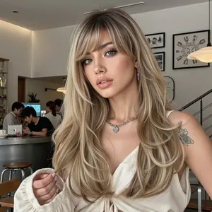 A full-head wig for women, featuring parted bangs and long curls, creates an effortlessly chic and stylish look.