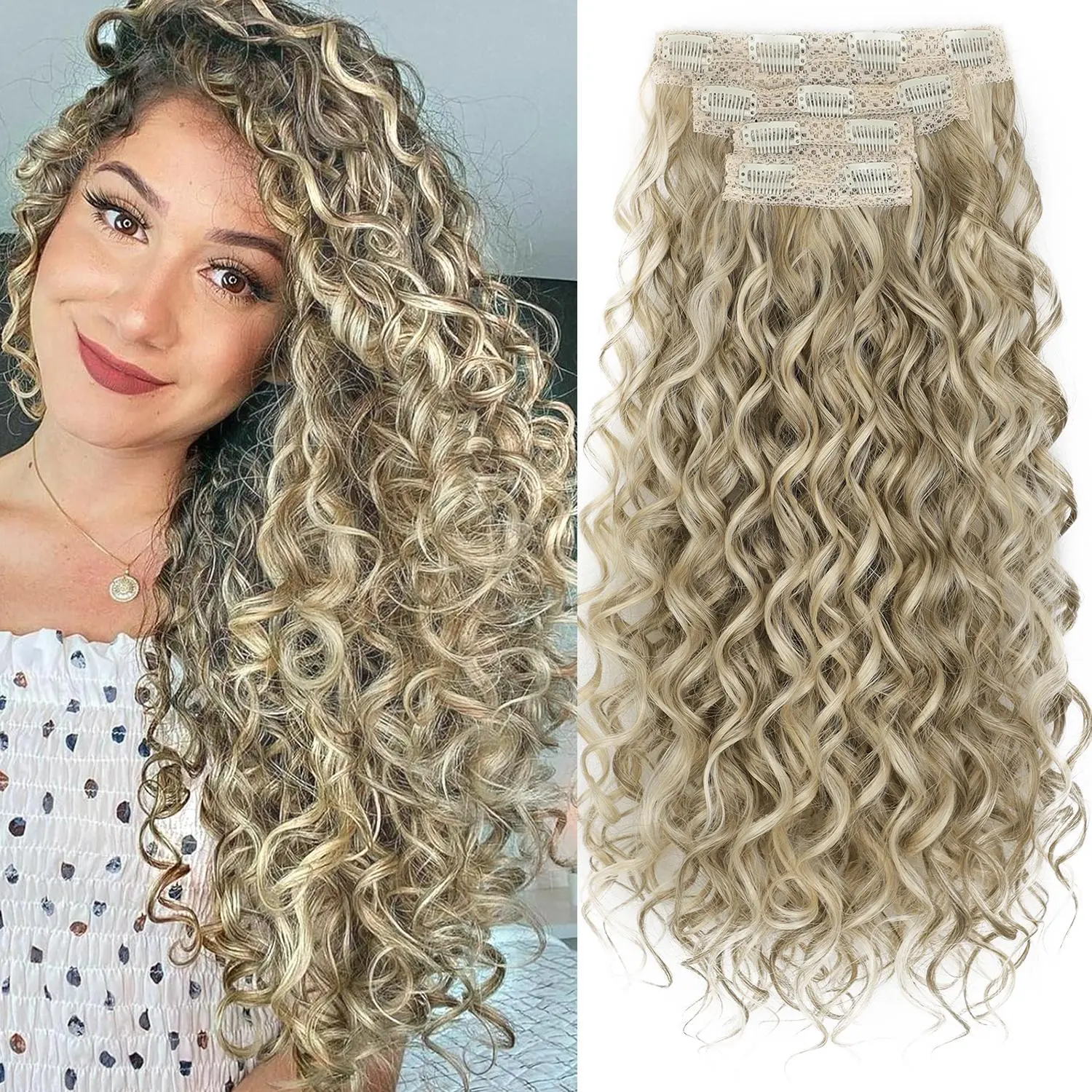 Lace Weft Seamless Curly Clip Ins 22 Inch, Soft Short Curly Hair Extensions Invisible Natural Hairpieces Boost Hair Volume Daily