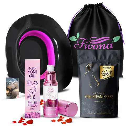 FIVONA 4-in-1 Yoni Steam Kit with Expandable Black Foldable Sitz Bath Seat, Lavender, Chamomile Essential Oil, Lightweight V-Oil Blend, Rose Extract, Calendula Flower, Toilet Pack, Peppermint Refresh for Adult At-Home Spa Soothes Cleansing