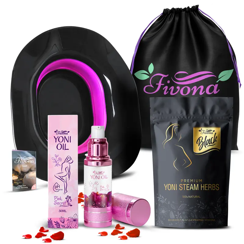 FIVONA 4-in-1 Yoni Steam Kit with Expandable Black Foldable Sitz Bath Seat, Lavender, Chamomile Essential Oil, Lightweight V-Oil Blend, Rose Extract, Calendula Flower, Toilet Pack, Peppermint Refresh for Adult At-Home Spa Soothes Cleansing