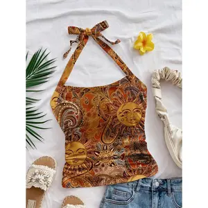 Women's Vacation Golden Sun God Paisley Allover Pattern Halter White Knitted Textured Fitted Tank Top, Suitable For Summer