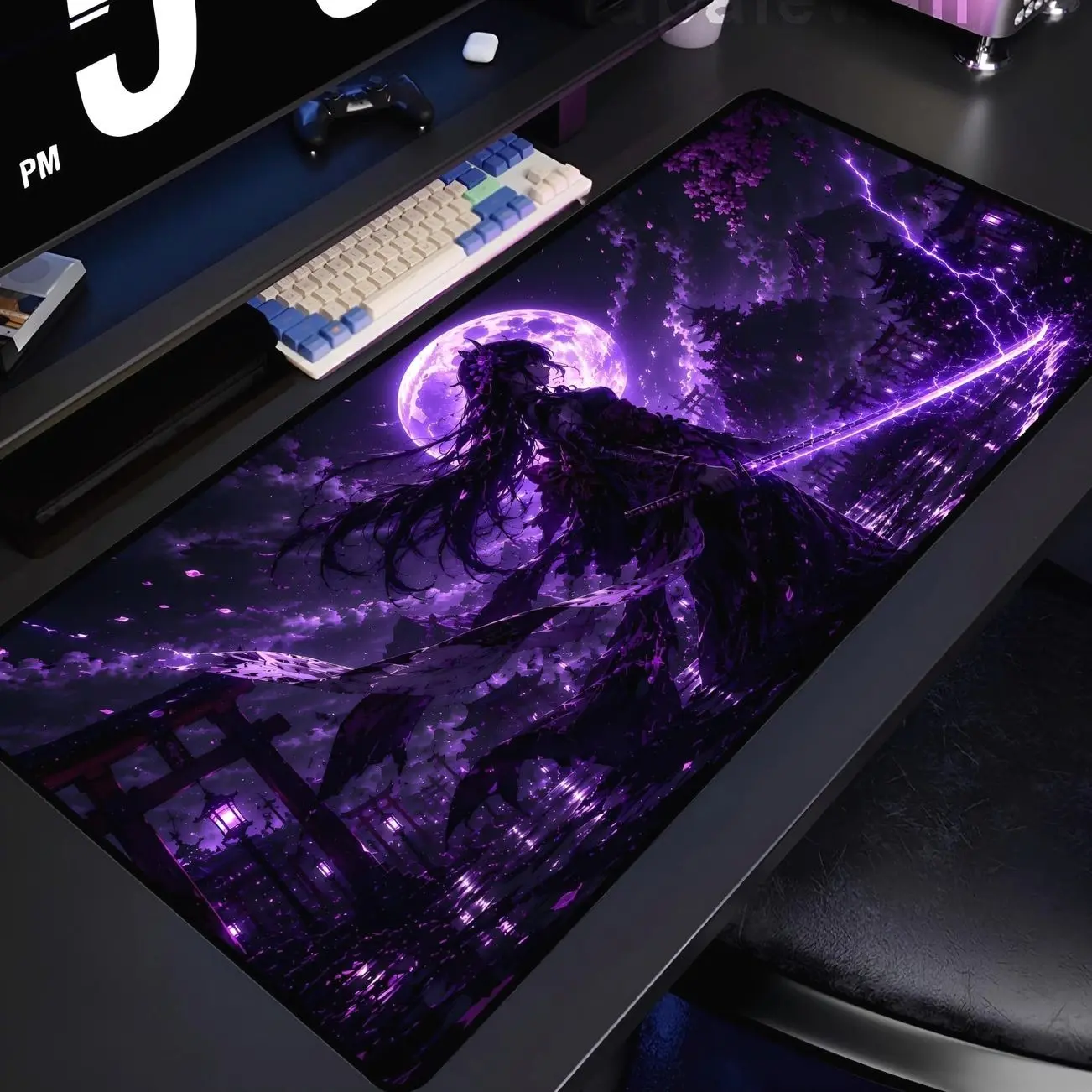 Purple Moon Samurai Desk Mat, Anime Fantasy Mouse Pad, Electric Katana Gaming Mousepad, Celestial Warrior Desk Mat XL