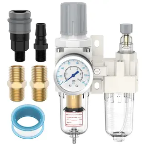 1/4" NPT Air  Regulator Lubricator Combo, Water Separator for Air Compressor with (0-145psi) Gauge, Poly Bowl, Semi-Auto Drain, Mounting Bracket