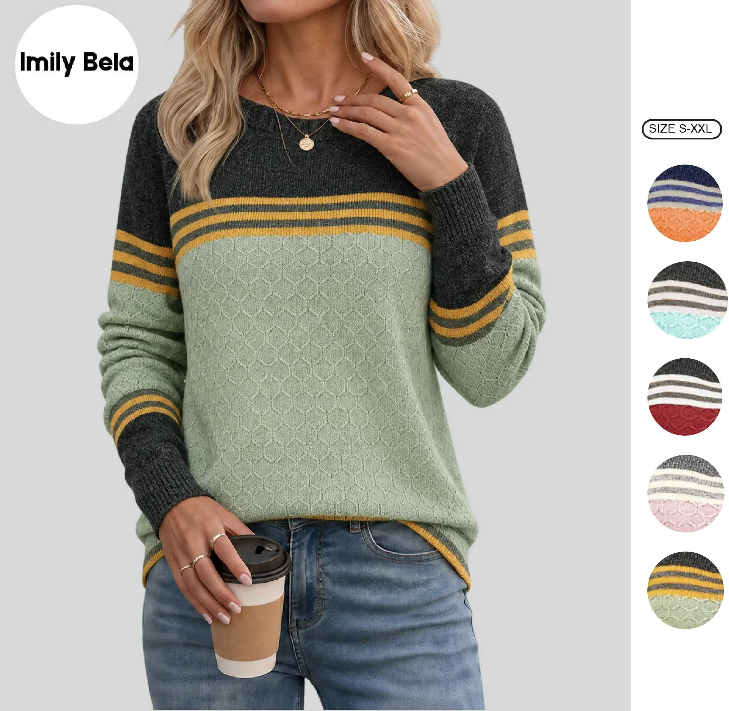 Women’s Color Block Cable Knit Sweater, Crew Neck Long Sleeve Pullover with Contrast Stripes, Casual Lightweight Knit Jumper Top for Fall Winter Daily Wear