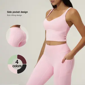 TimeOFF Women's 2-Piece Active Set - Spaghetti Strap Tank Top Bra, Butt-Lifting Pants with Pockets, Stretchy Fabric, Discomfort-Preventing, All Seasons, Perfect for Yoga & Gym Workout