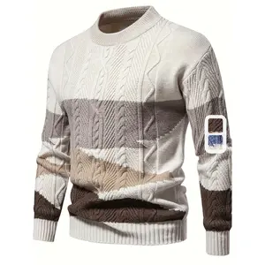 Men's fashionable solid knit pullover, casual mid-stretch breathable long-sleeved crew neck top. Knitwear Menswear Knife Beige Crewneck Multicolor
