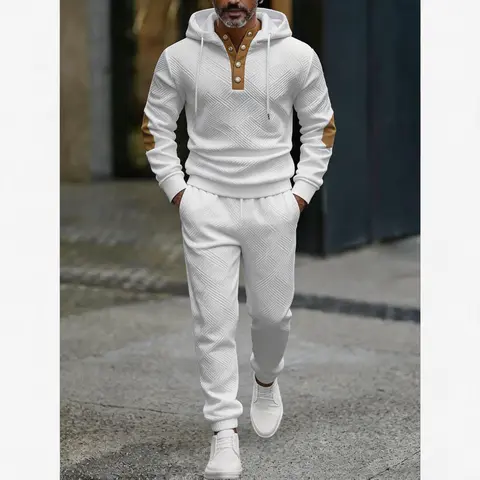 Men's 2 Piece Tracksuit Set Geometric Textured Jacquard Hooded Sweatshirt & Jogger Pants Casual Athletic Sweatsuit with Henley Button Placket Color Block Elbow Patches