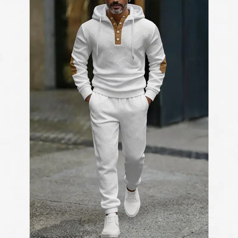 Men's 2 Piece Tracksuit Set Geometric Textured Jacquard Hooded Sweatshirt & Jogger Pants Casual Athletic Sweatsuit with Henley Button Placket Color Block Elbow Patches