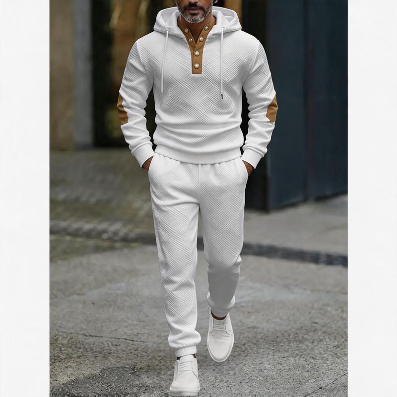 Men's 2 Piece Tracksuit Set Geometric Textured Jacquard Hooded Sweatshirt & Jogger Pants Casual Athletic Sweatsuit with Henley Button Placket Color Block Elbow Patches