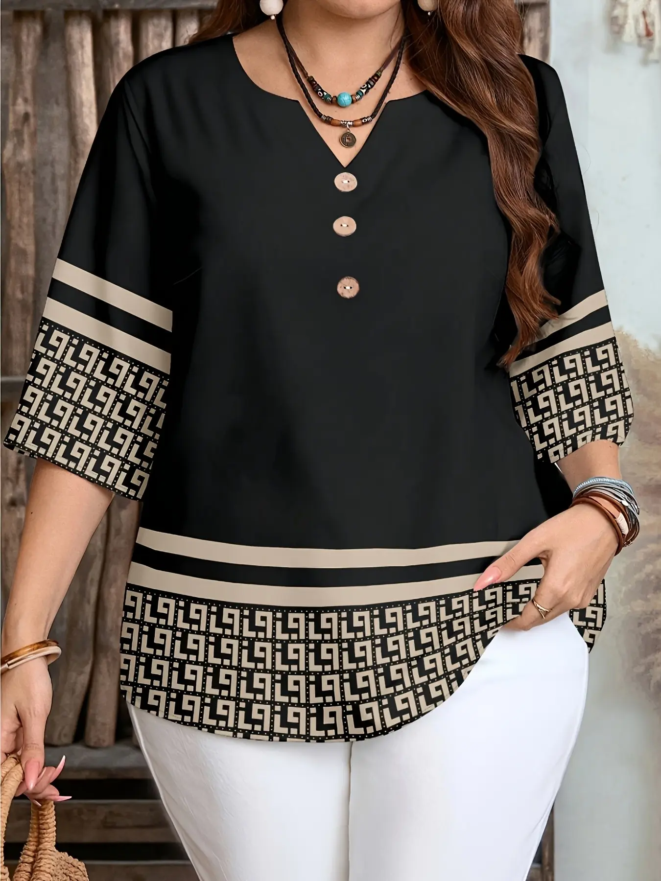 Plus Size Women's Vintage Button Front Casual Shirt, Summer Bohemian Style, Fashion Women's Blouse for Country Vacation