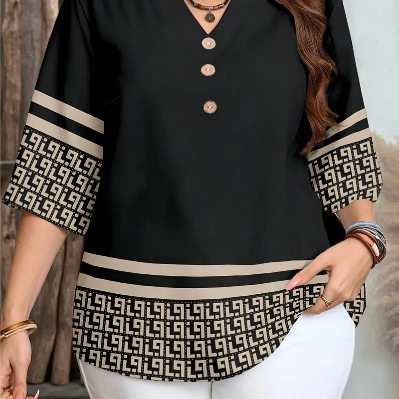 Plus Size Women's Vintage Button Front Casual Shirt, Summer Bohemian Style, Fashion Women's Blouse for Country Vacation, All Season Shirt