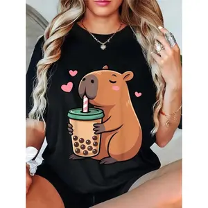 100% Cotton Unisex Cute Capybara Drink Bubble Tea Kawaii Capy Lover Men Women T-Shirt Casual Top