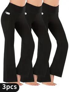 1-3PCS Flare Workout Yoga Pants for Women with Deep Pockets - High-Waist Tummy Shaping, Quick-Dry Fabric - Fit for Zumba Classes, Morning Jogging & Grocery Runs