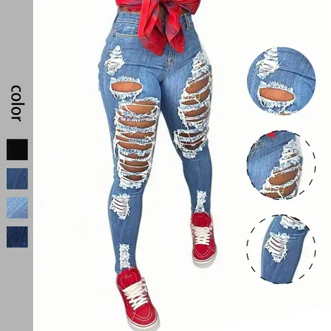 Stylish Women's Ripped Skinny Jeans - Edgy Distressed Detailing