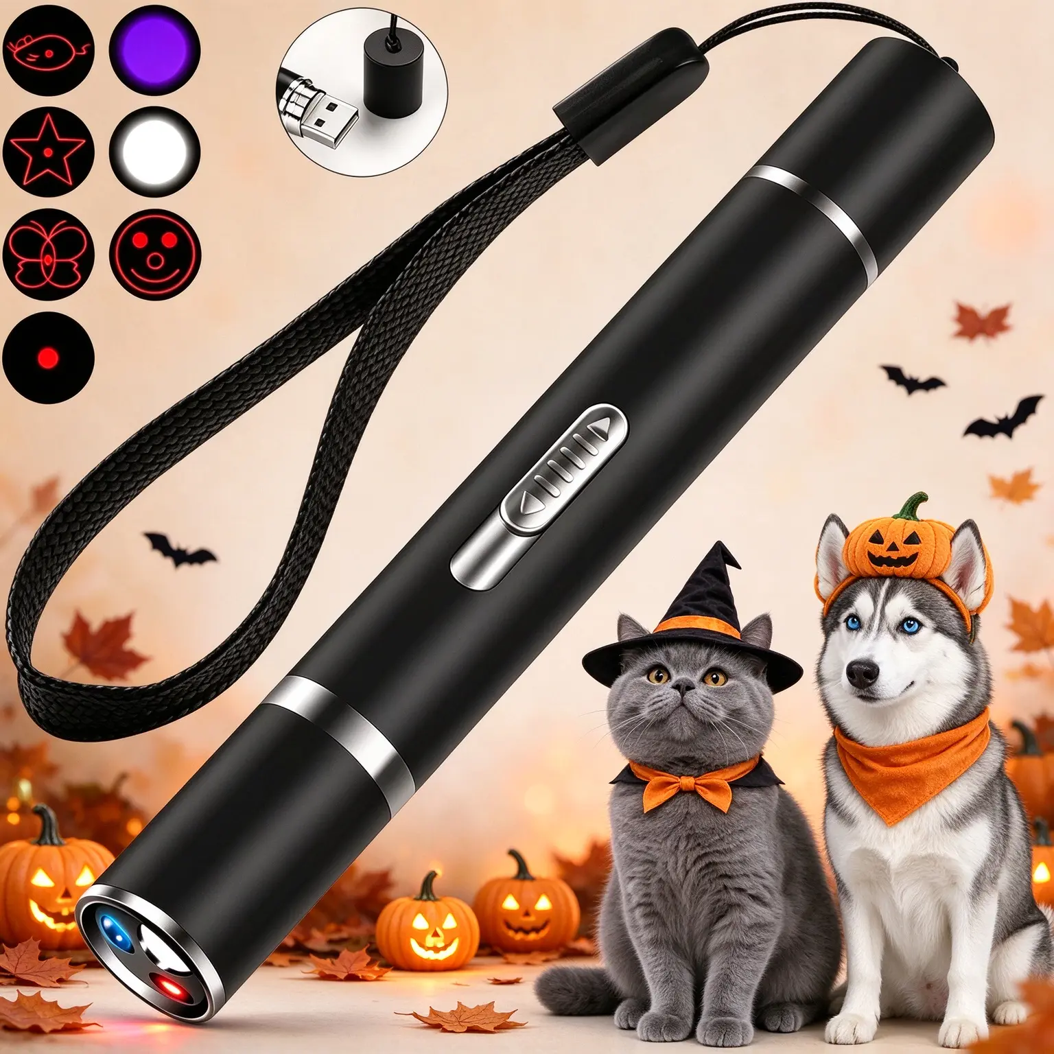 Halloween Pet Stainless Steel Laser Pointer Cat Toy Pen - 3 Lighting Modes, 5 Red Light Patterns, Interactive Flashlight for Pet Halloween Play & Gifting cat toys cat stuff things for cats