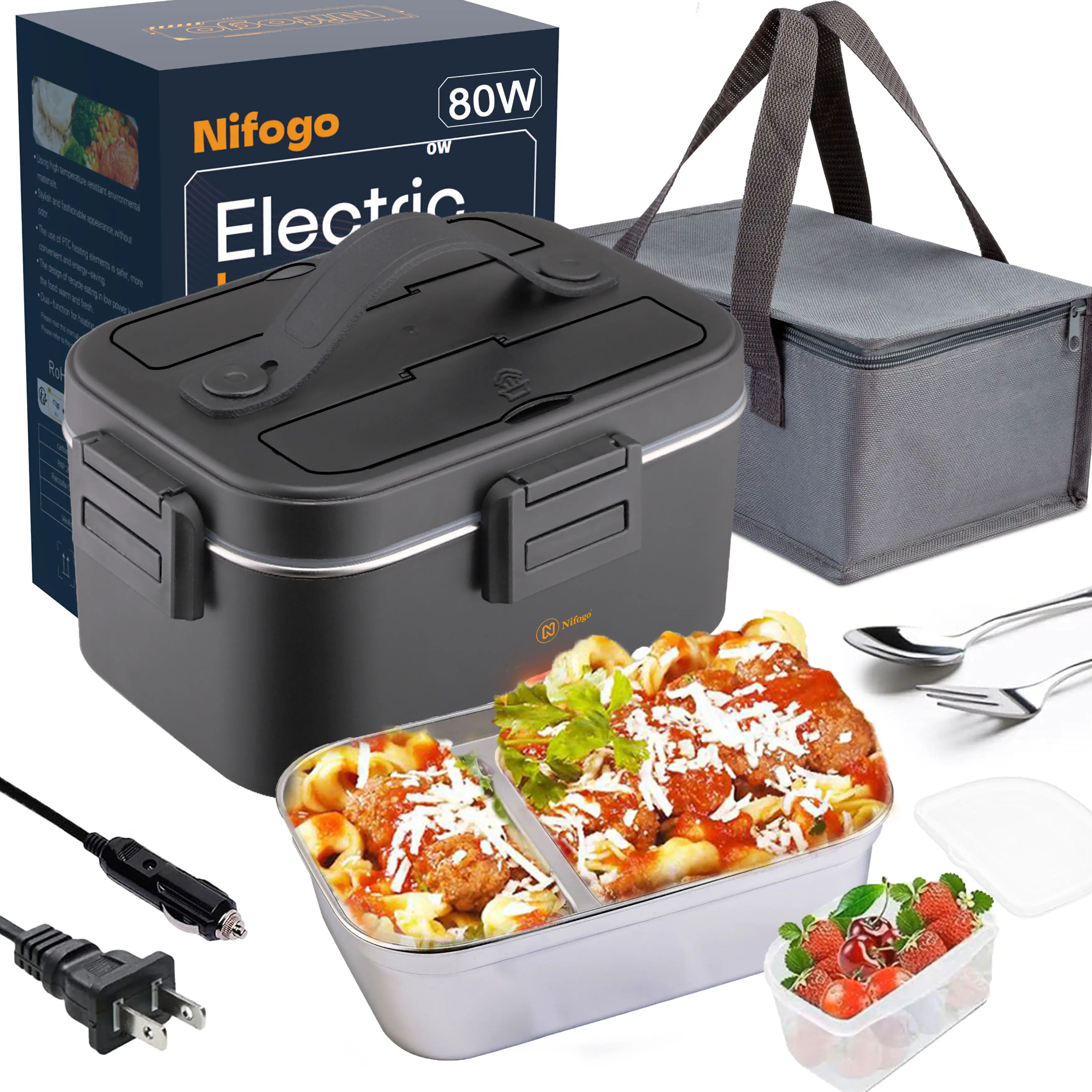 Electric Lunch Box 80W 1.5L Stainless Steel Bento Warmer with Indicator Light & Portable Tableware Set for Home Office Travel Food Quick Storage Fork