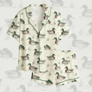 Duck Print Satin Pajama Set, Mallard Duck Hunting Satin Pajama Set, Mallard Duck Sleepwear, Pajama Gift For Her, Gift For Him
