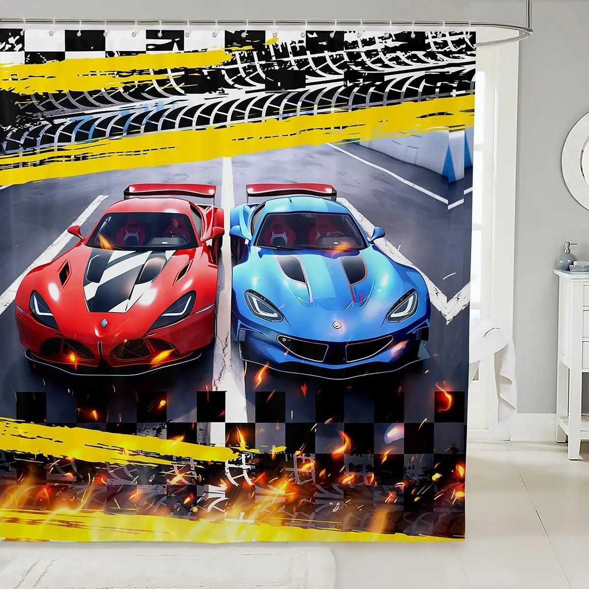 Feelyou Cool Shower Curtain - 72"x72" Polyester Bathroom Shower Curtain with Red & Blue Extreme Sport Race Car Bold 3D Printed Pattern, Waterproof Lightweight Fabric, 12 C-Hooks, Machine Washable Camper Accessory for Gym Dorm Room