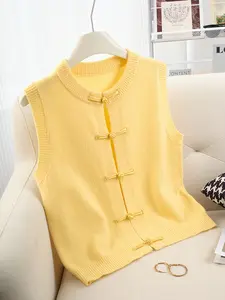 New Chinese Style Yellow Knitted Vest with Frog Buttons, Elegant Retro Sleeveless Knit Top, Traditional Chinese Round Neck Waistcoat for Women Fit Spring Summer Casual Everyday Wear