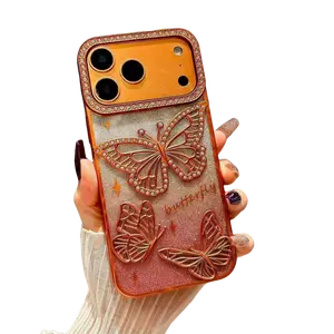 Electroplated 3D Butterfly Rhinestone Phone Case for iPhone 17 Pro Max, 16, 15, 14, 13, 12, 11, PRO, PLUS, MAX, Air – Gradient Glitter Paper Soft Case  #LTHDDZKBLACK