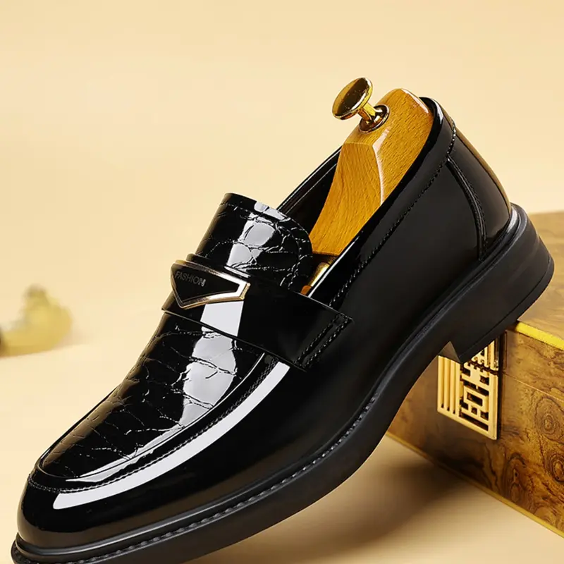 Men's Shiny Business Leather Shoes, Slip-On Formal Wedding Shoes, Casual Work Office Party Meeting Wear, Microfiber Rubber Sole, All Seasons