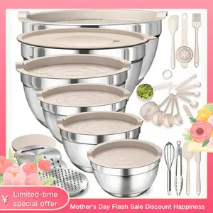 Colorful Lid Stainless Steel Salad Bowls 6 Piece Set Large Capacity Multiple Sizes Mixing Bowls With 3 Graters And 8 Bonus Kitchen Gadgets