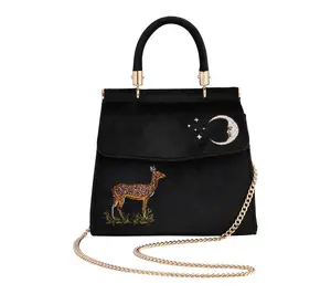 Fable England Embroidered Velvet Mini Black Tote Deer Moon