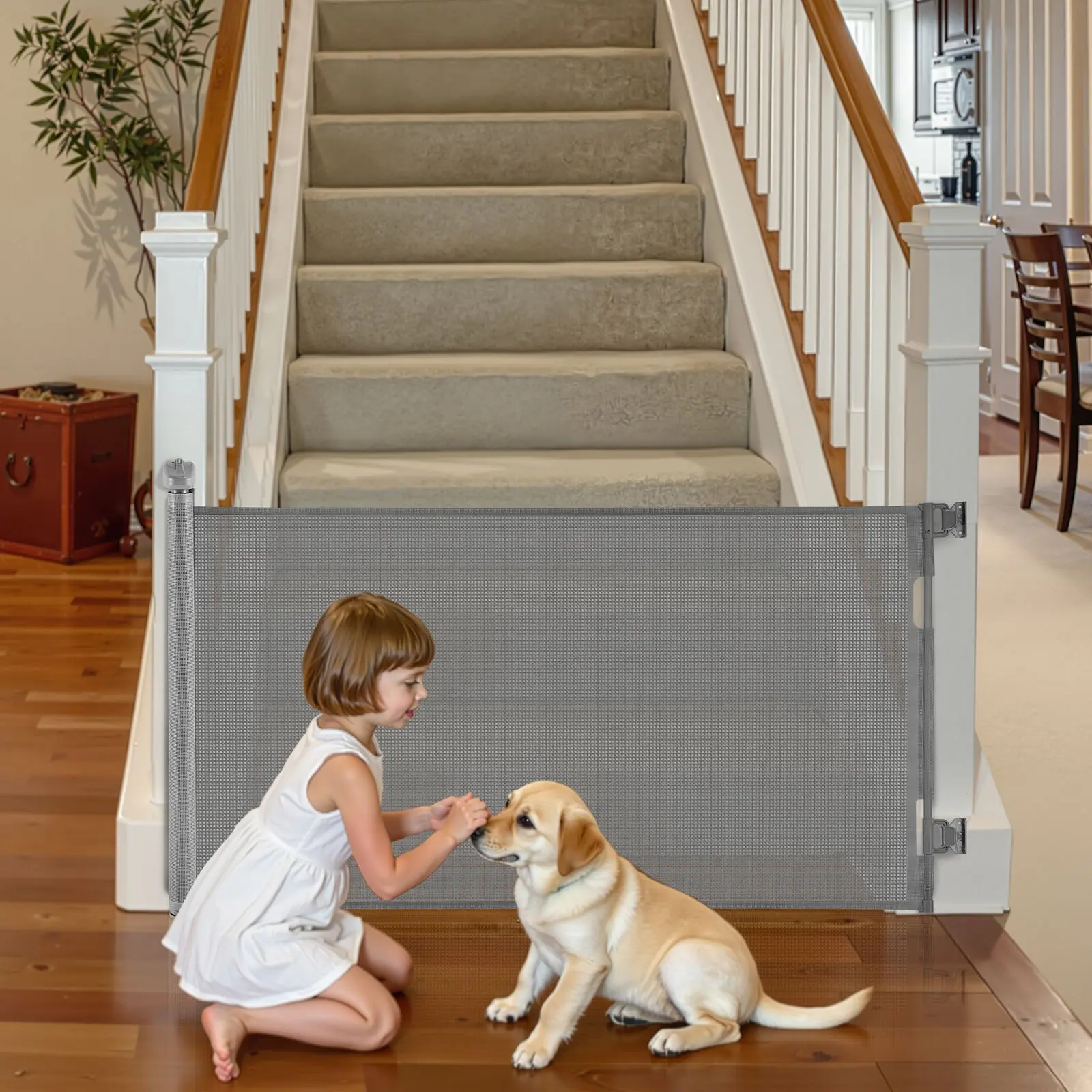 Retractable Pet Gate, 56x31 Inch Mesh Design with Reinforced Ground Hook for Hallways, Stairs - Indoor Outdoor Gray Pet Safety Barrier