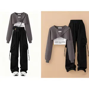 Multi-Color Cropped Sweatshirt + Cargo Pants Set, Y2K Streetwear Style for Daily Outings/Street Shots/Casual Sports