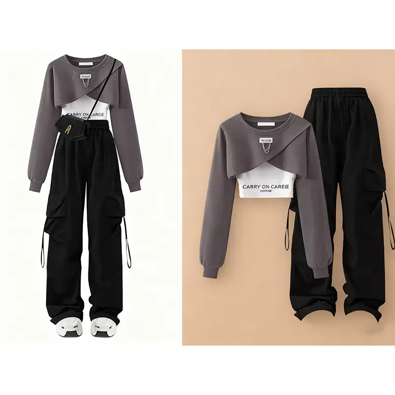Multi-Color Cropped Sweatshirt + Cargo Pants Set, Y2K Streetwear Style for Daily Outings/Street Shots/Casual Sports