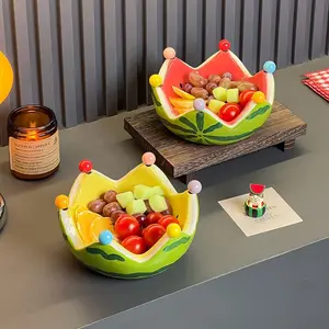 Ceramic Watermelon Fruit Plate Set, Living Room Tea Table Fruit Bowl Dish, Cute Small Decorative Piece, Creative Home Fruit Fork Storage Jar Set