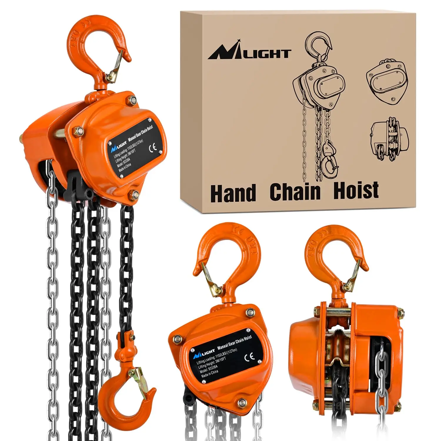 Nilight 1/2 Ton 1100 lbs Manual Chain Hoist 80 Galvanized Chain 10 ft Lifting Height Industrial Grade Steel Structures for Garages Warehouse Automotive Machinery