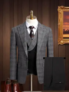 Men's Suit Plaid 3pcs Set Jacket + Vest + Pants, Wedding, business, Casual Suits